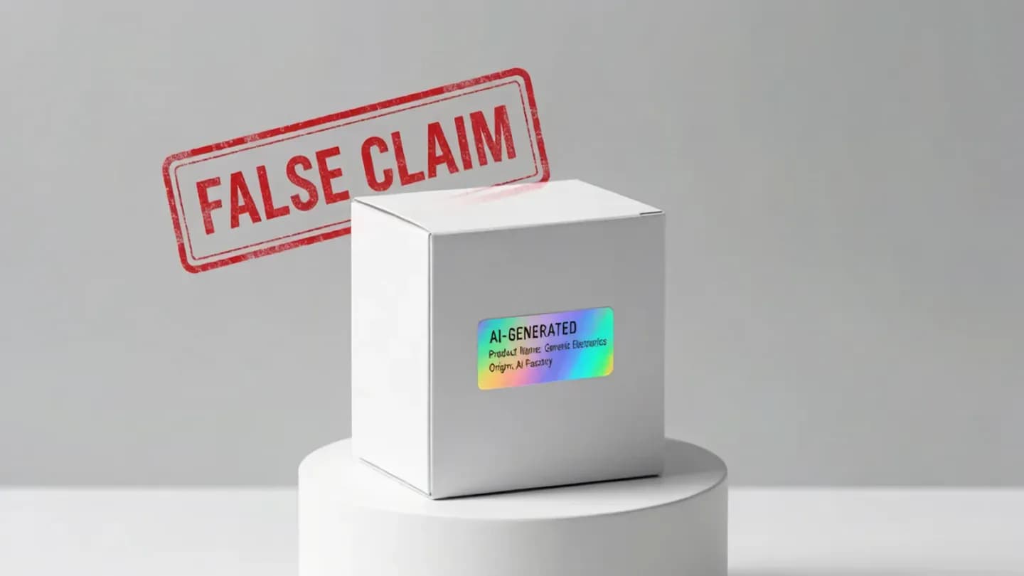 A product with an AI-generated label and a hidden false-claim stamp