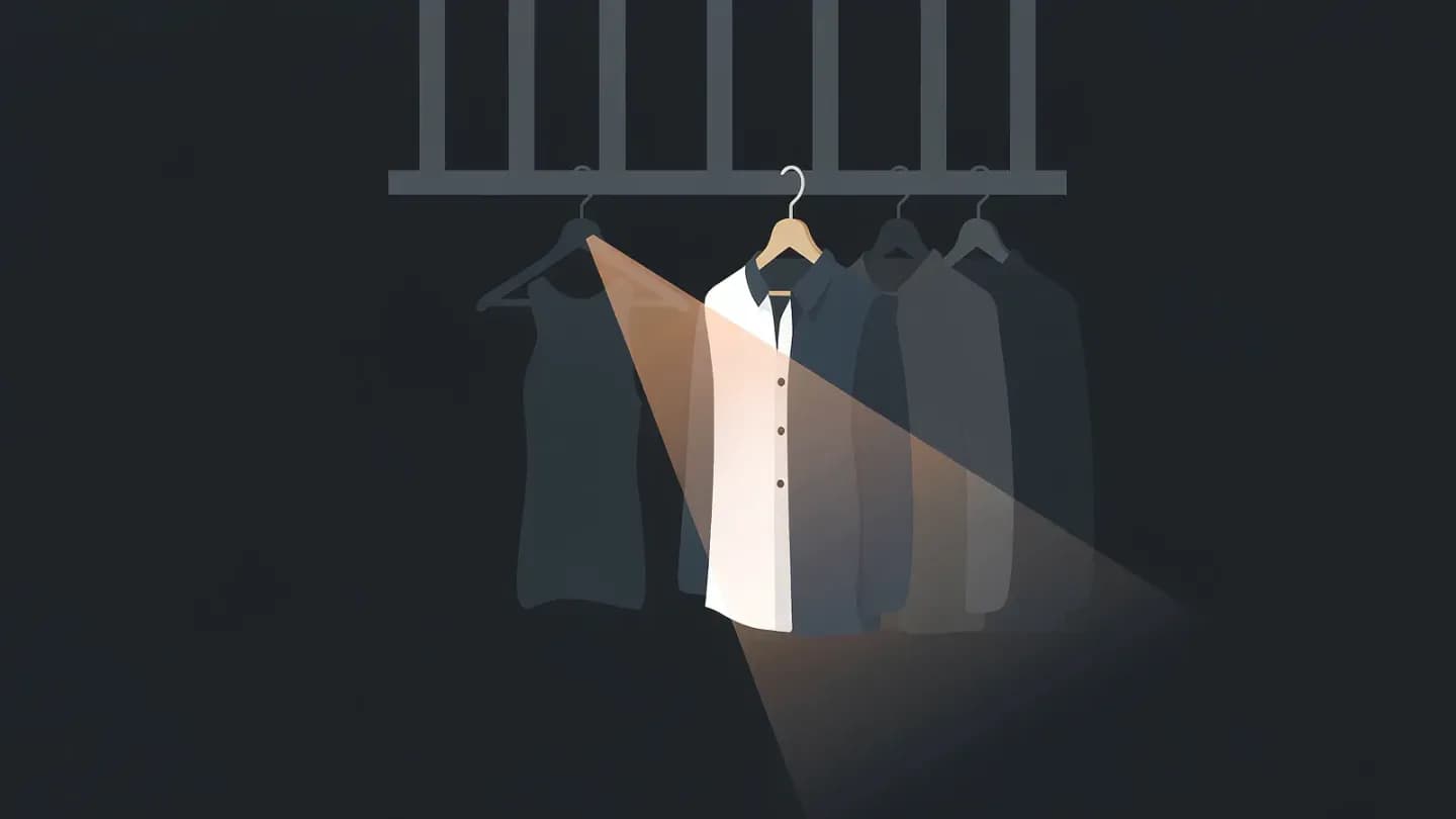 One garment on a rail stands in an amber spotlight while the surrounding garments sit in slate shadow on a dark navy field.