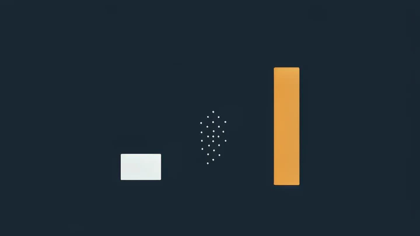 Three abstract rising stages - a screen shape, a cluster of dots and a tall amber bar - on a dark navy field