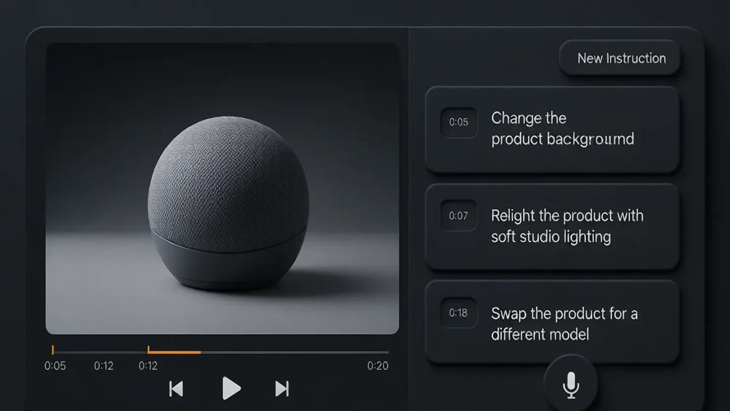 A dark mode editing console displaying a list of natural language revision instructions applied to a video clip