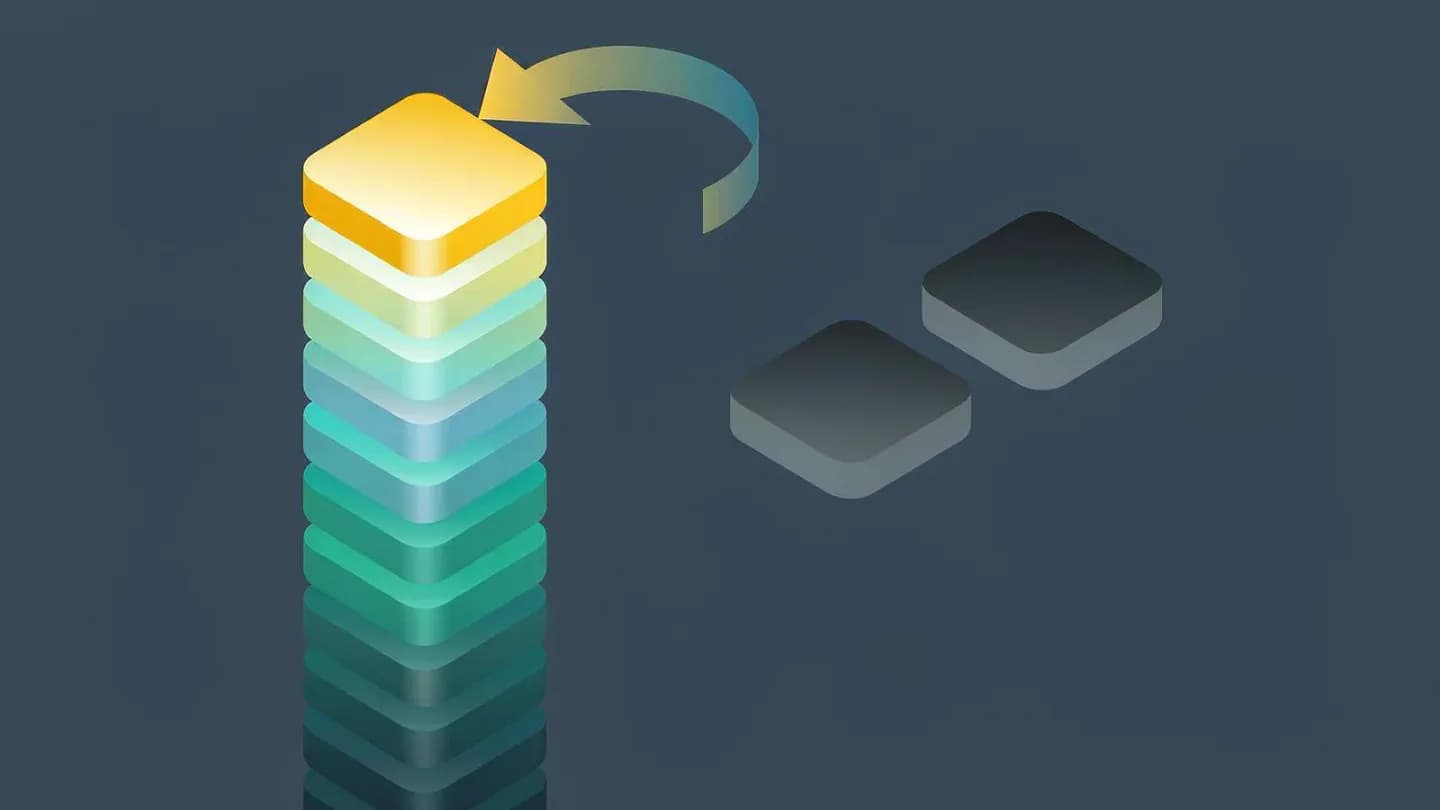 Stacked vertical episode tiles that brighten from bottom to top, with a return arrow curving from the top tile back to the second.