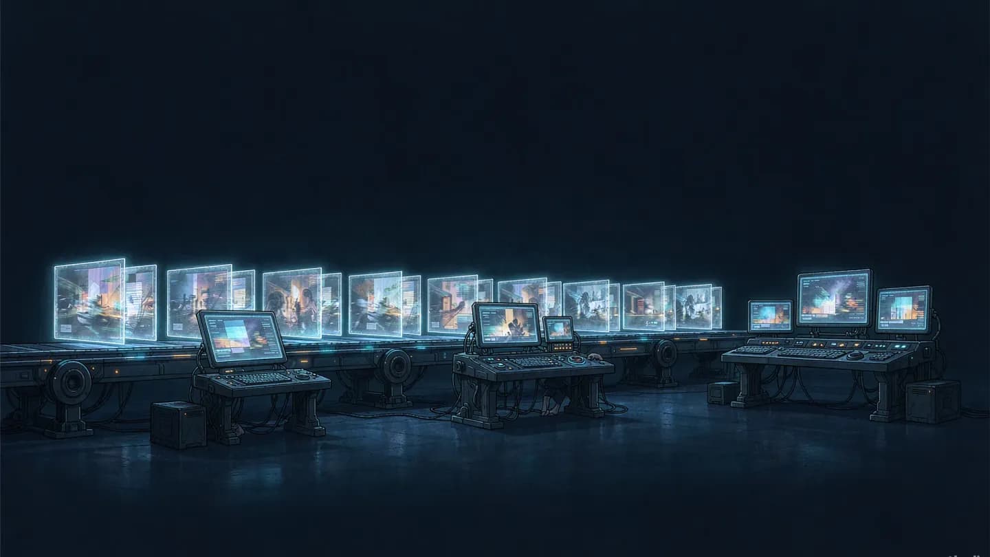 A conveyor belt carrying glowing video frames past small workstations on a flat dark navy studio floor