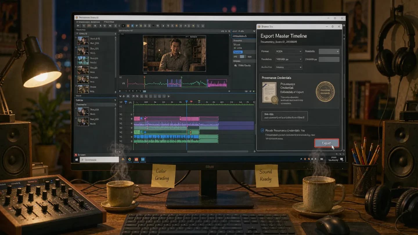 A video editor exporting a master timeline with provenance credentials stamped into the file at export.