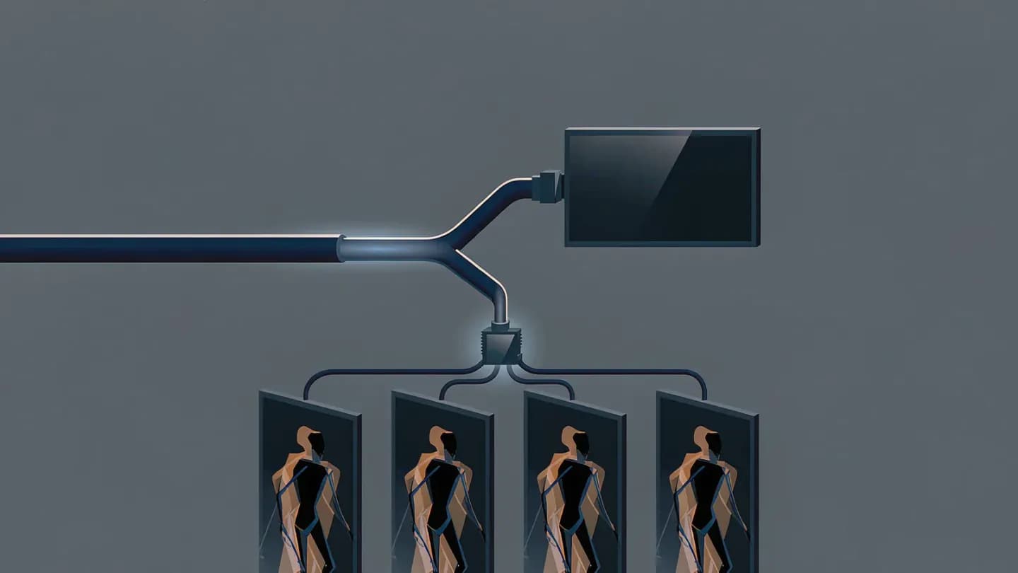 Editorial illustration of one cable feed splitting into a landscape monitor and four vertical panels showing the same tracked subject