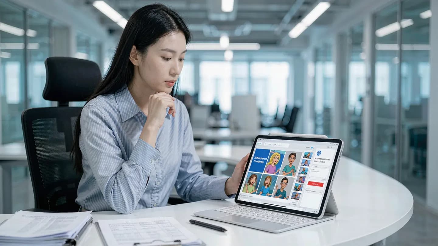 Compliance reviewer checking an AI-generated video storyboard on a tablet.
