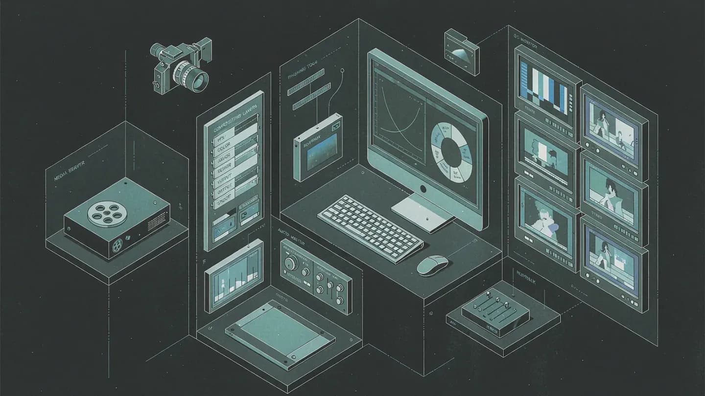An isometric view of a video finishing suite showing grading controls, compositing layers and a monitor wall in teal and charcoal.
