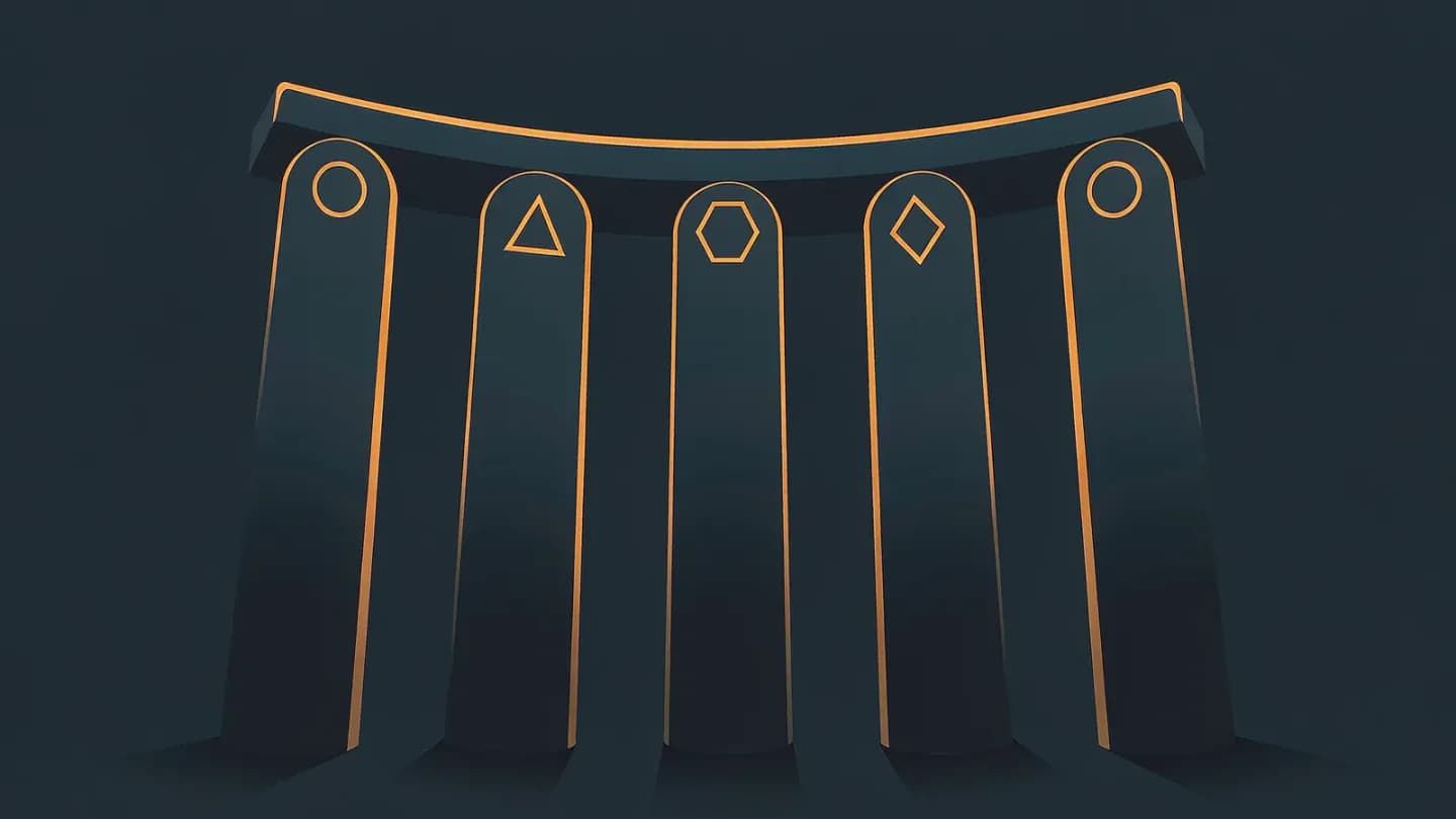 Five pillars in a gentle arc supporting a horizontal beam, representing the five transparency principles of the CTV measurement framework