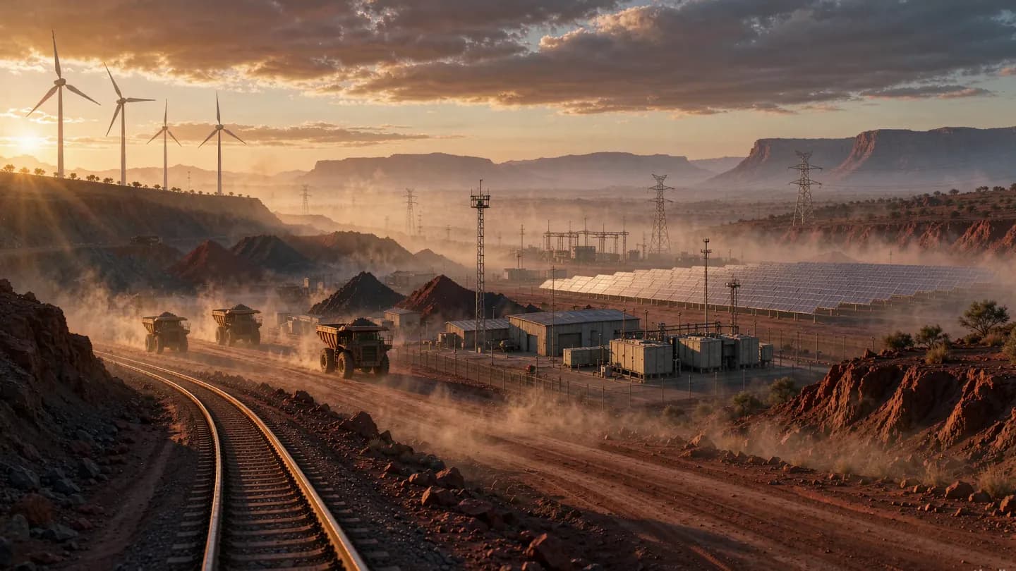 A cinematic blend of a mining landscape and stylised AI-generated atmosphere representing Fortescue's AI-enabled brand film