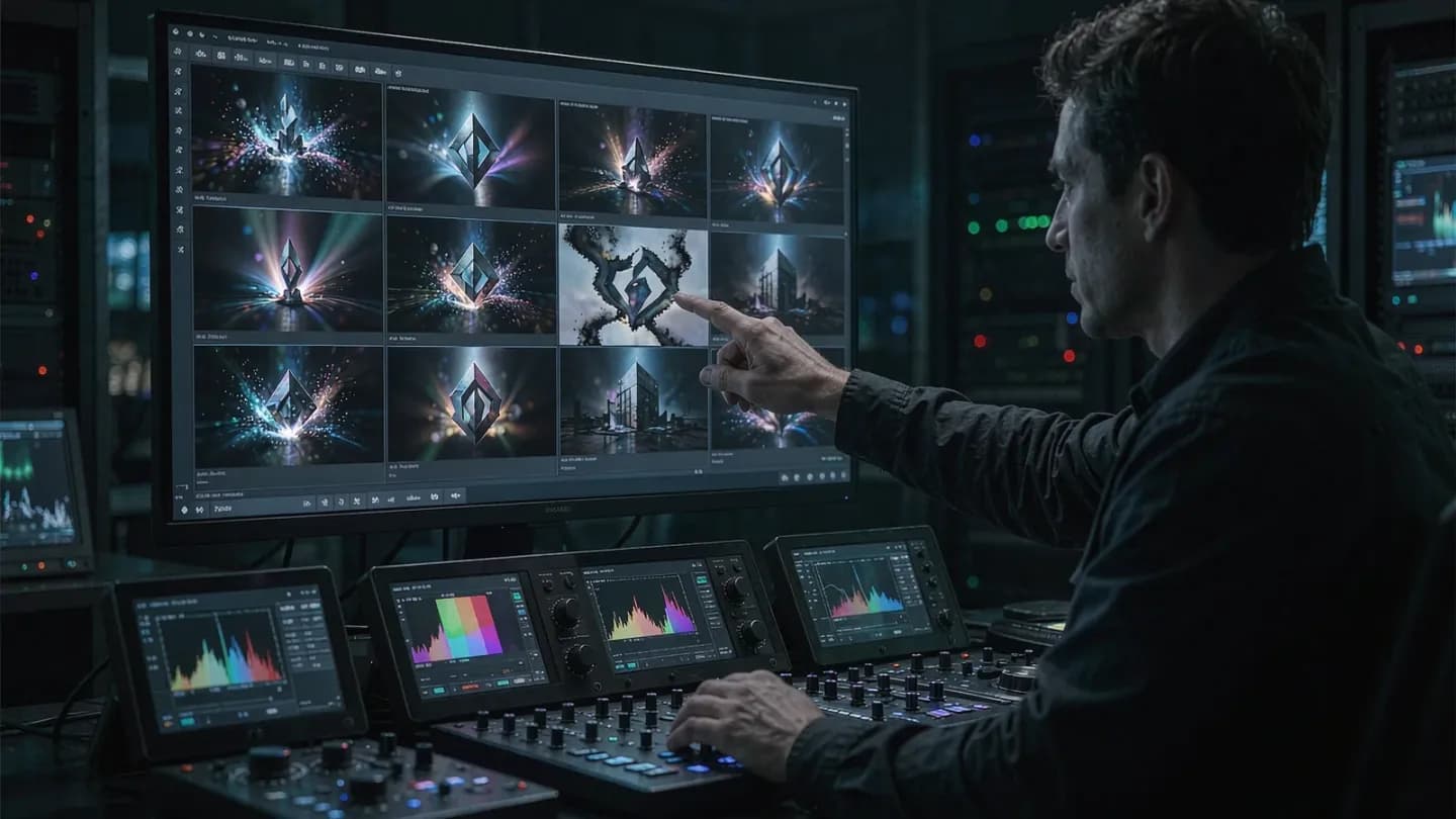 A creative director reviewing AI-generated frames on a monitor and rejecting an inaccurate one