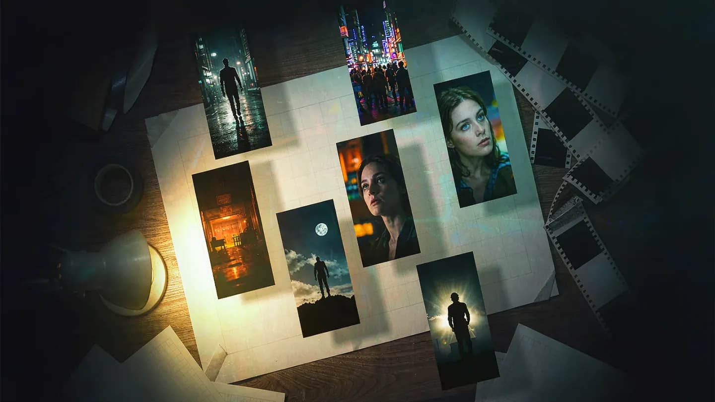 A storyboard on a desk surrounded by AI-generated frame options, illustrating the storyboard as the creative anchor