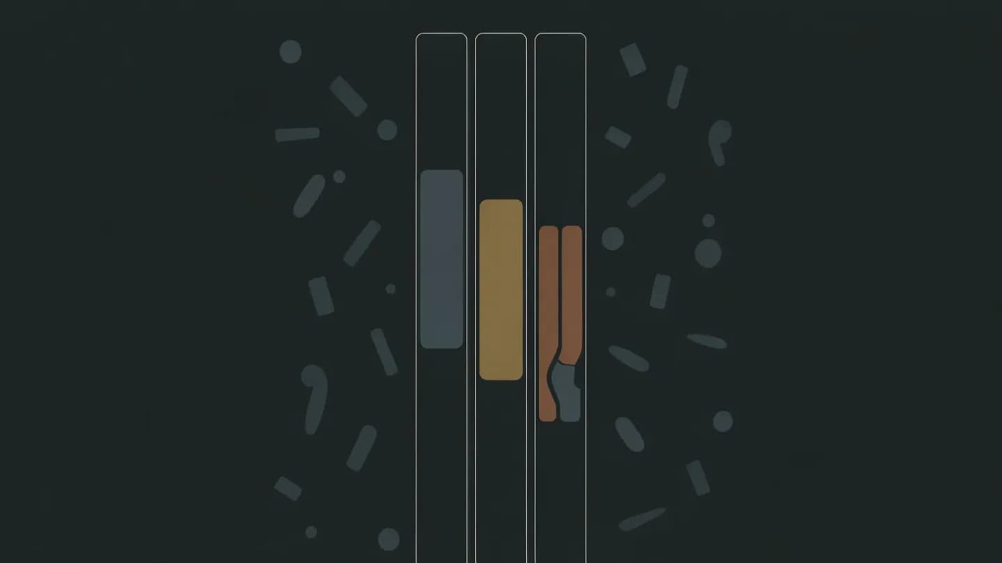 Flat vector diagram of three narrow frames holding stacked blocks with many loose shapes drifting outside
