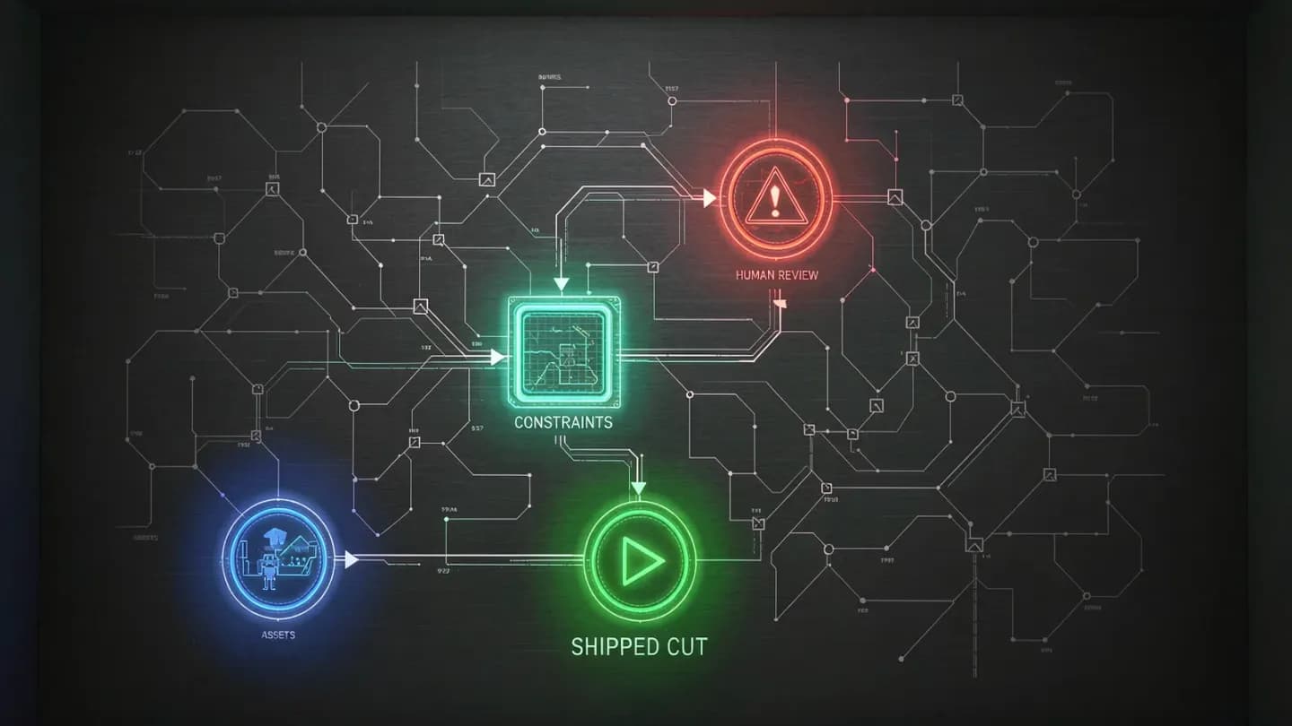 A four-stage AI video production pipeline shown as connected glowing nodes on a control-room wall.