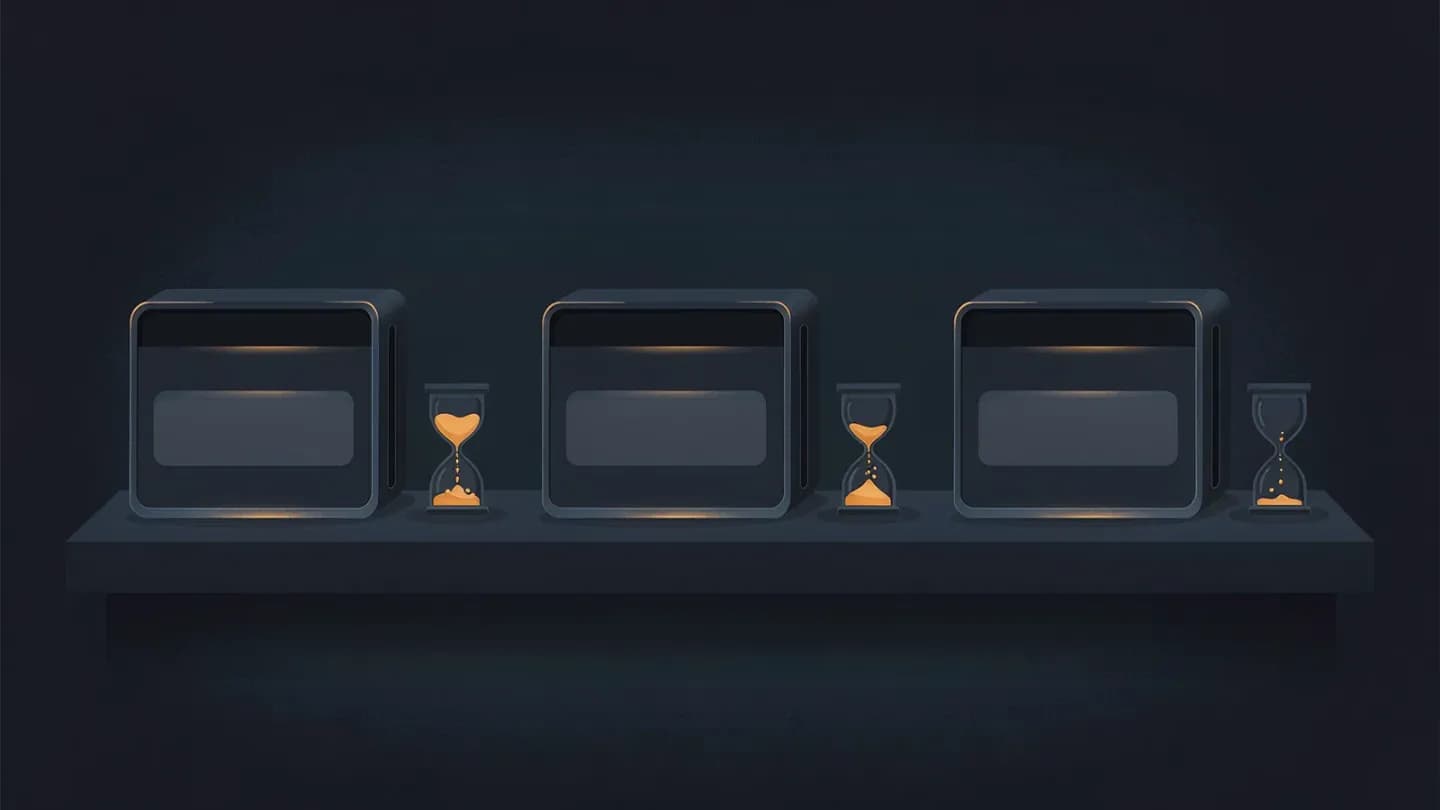 Three video canisters with hourglass icons draining at different rates, one nearly empty