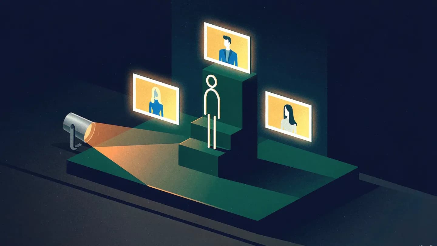 Flat illustration of a small stage with one warm amber spotlight on an empty winner's podium and three floating video frames on a deep navy background