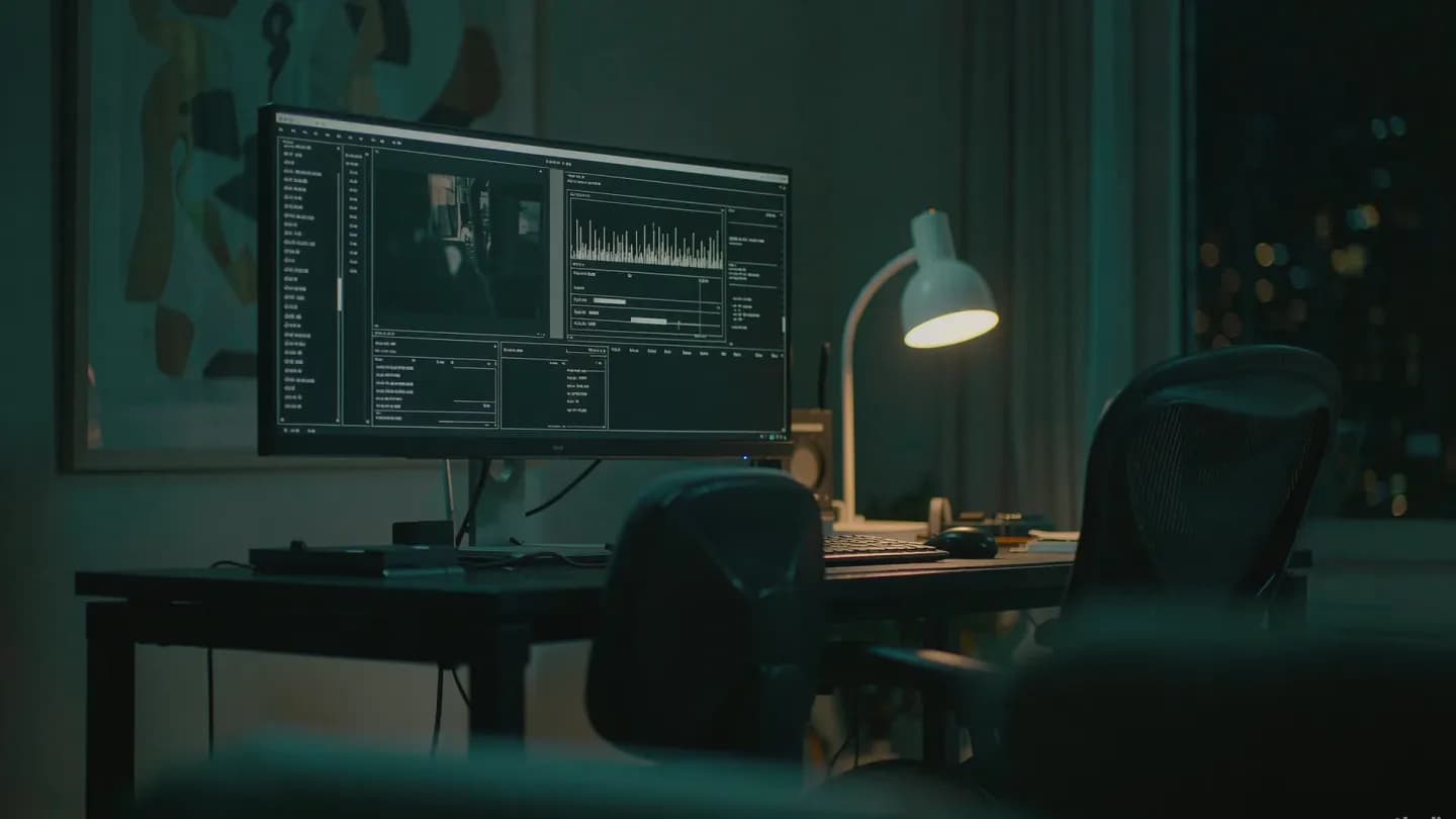 A dark editing suite at night with a large monitor showing a scrolling transcript beside a paused video timeline marked with named chapter segments