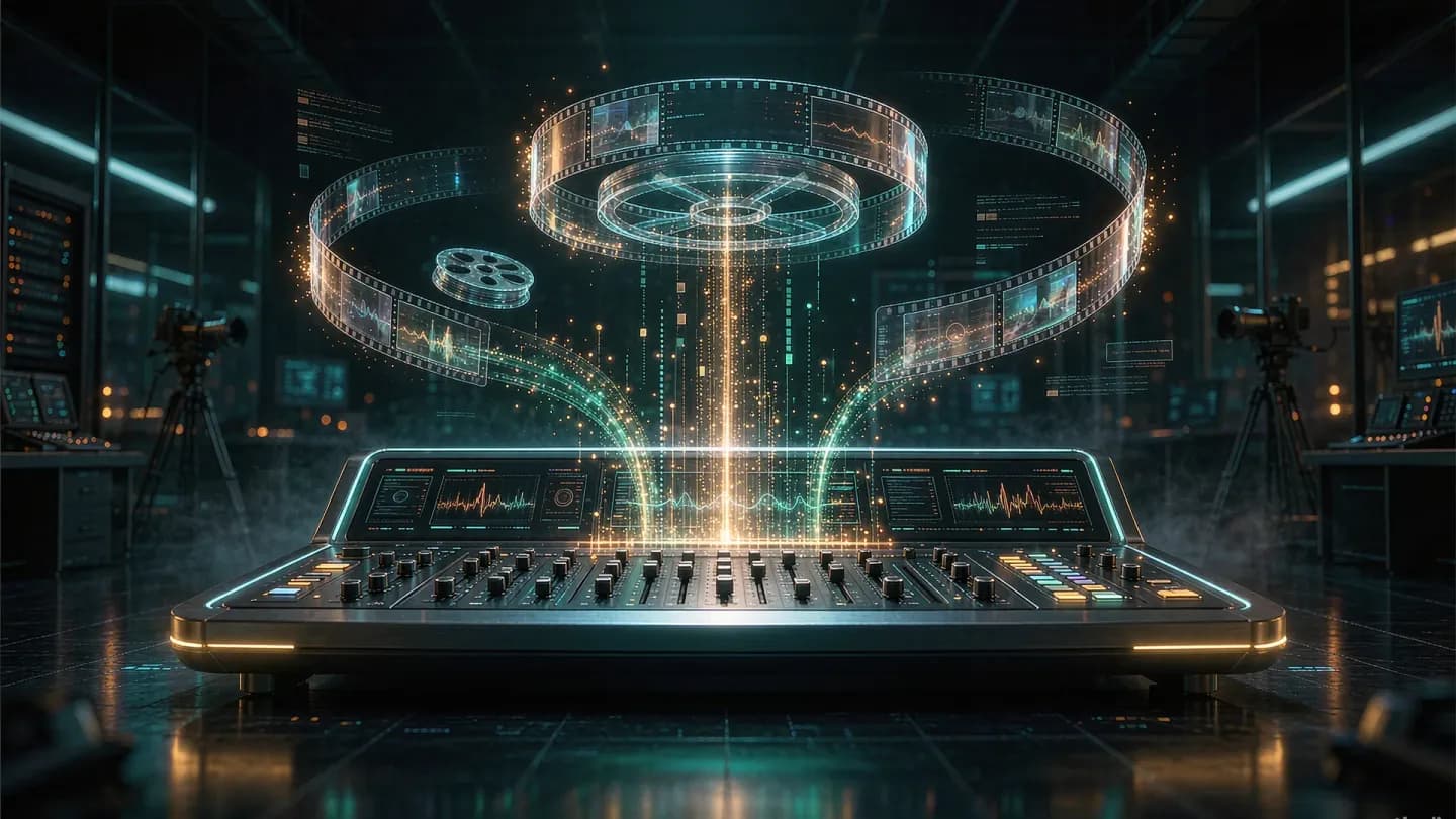 A glowing video production console with holographic reels and data streams