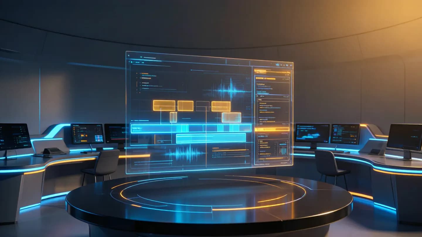 Holographic generative video timeline above a marketing command center