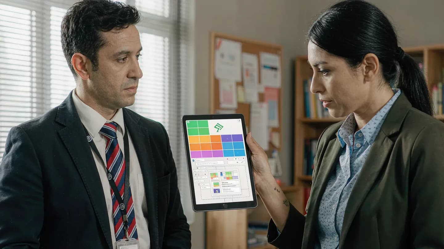 A compliance officer and creative director reviewing an AI-generated ad frame against brand guidelines on a tablet.