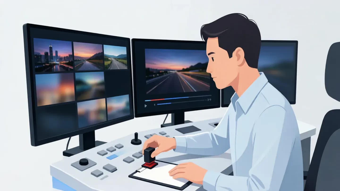 A human reviewer approving AI-generated video frames at a console