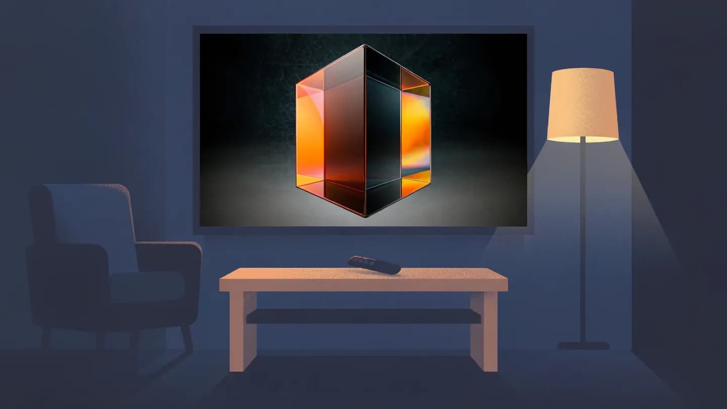 A large living-room television on a dark navy field showing one glowing amber product tile, with a remote on a table below