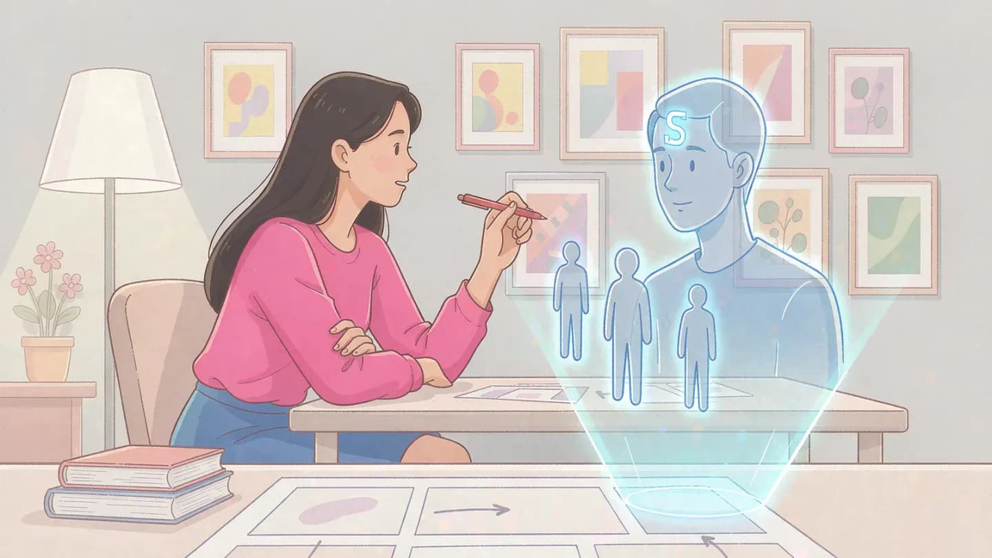 A human reviewer checking a storyboard beside a holographic AI assistant.