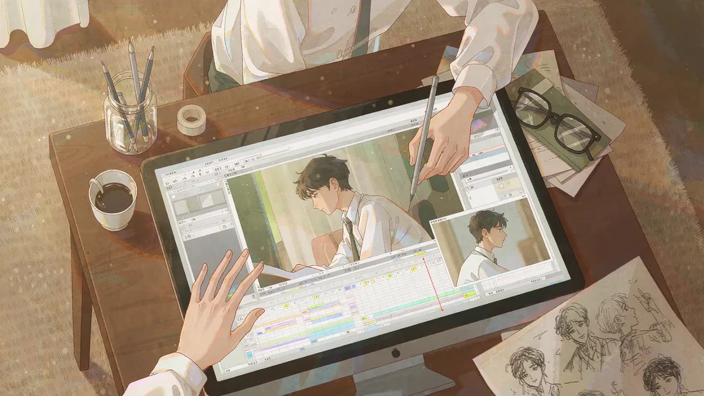 Illustration of a designer refining a generated video frame on screen.