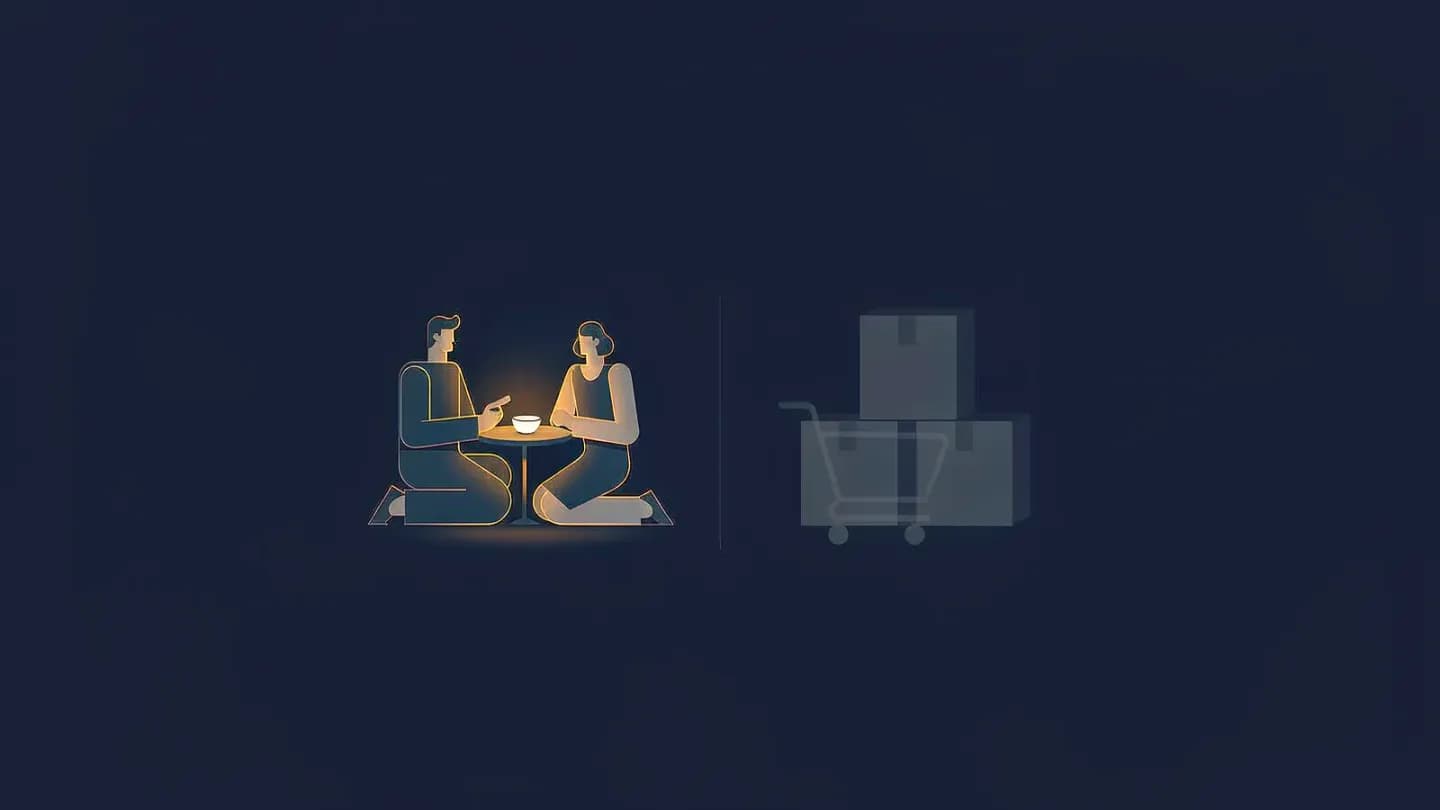 A warmly glowing scene of two abstract figures sharing food outshines a dim stack of product boxes and a cart outline