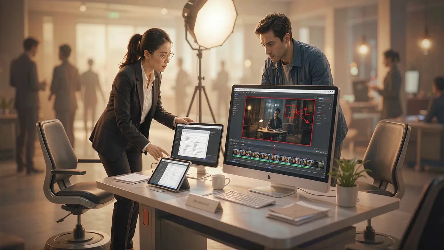 A creative lead and editor reviewing AI-generated video frames together at a workstation.