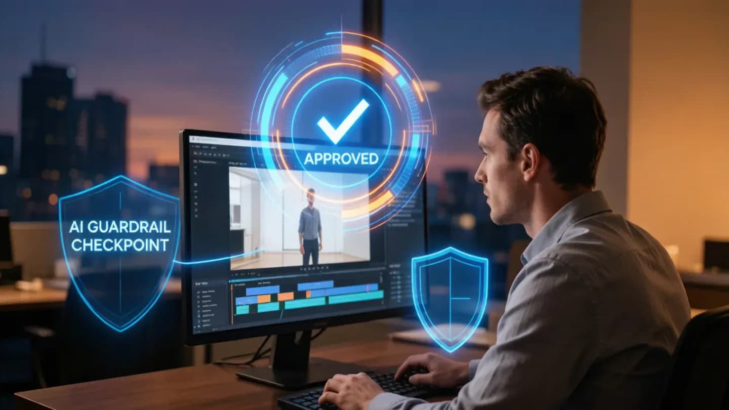 Human reviewer approving an AI-generated ad with guardrail overlay