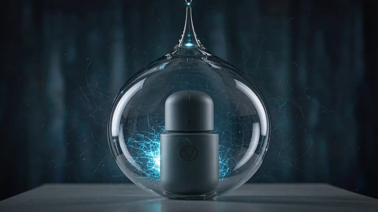 A product bottle suspended inside an oversized floating water droplet
