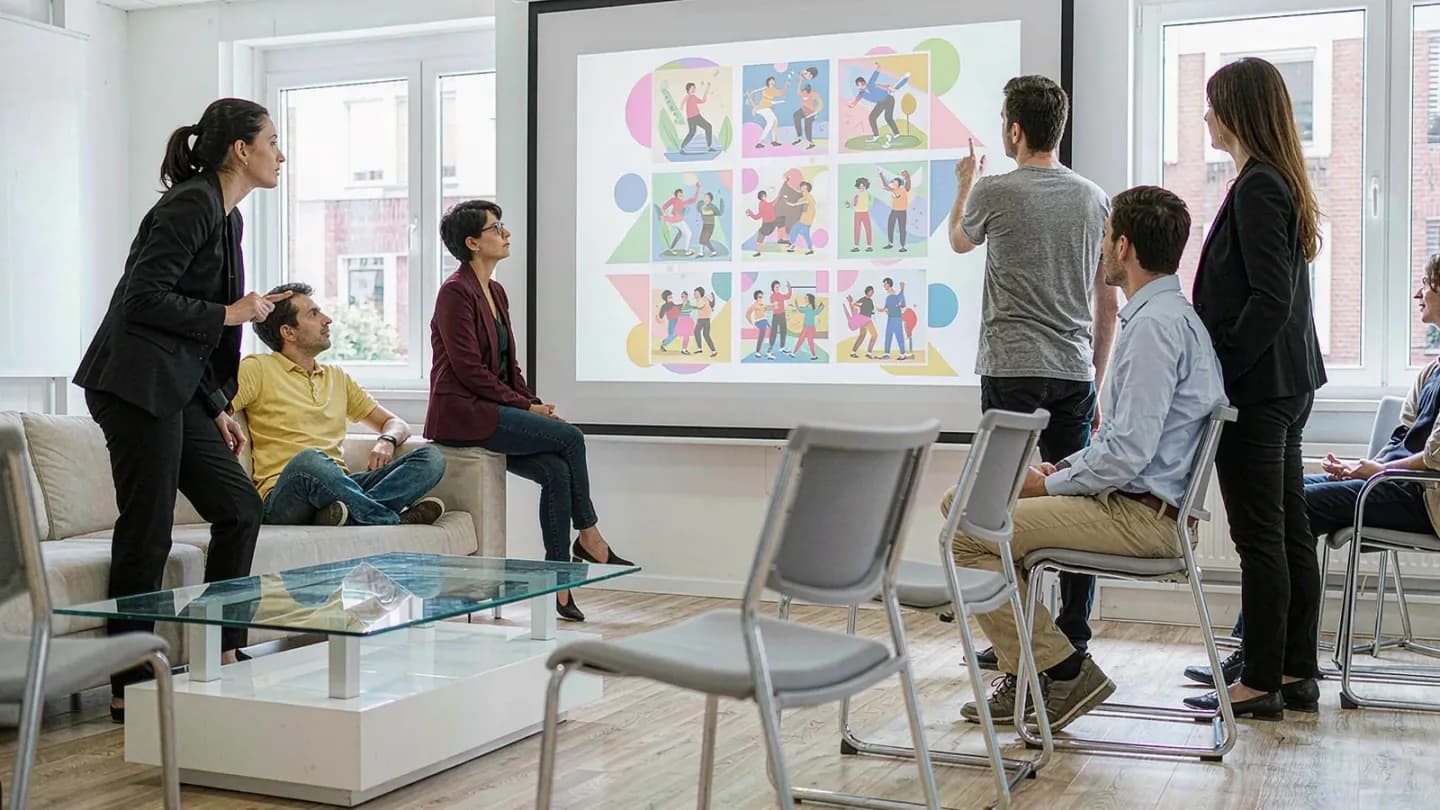 A brand team reviewing AI-generated storyboards on a wall display.