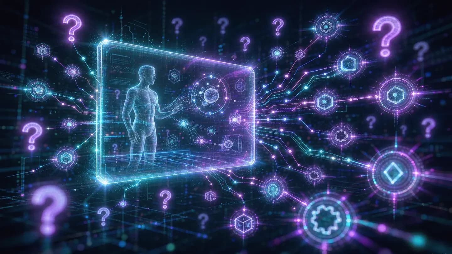 A holographic video panel with glowing choice branches representing interactive training video