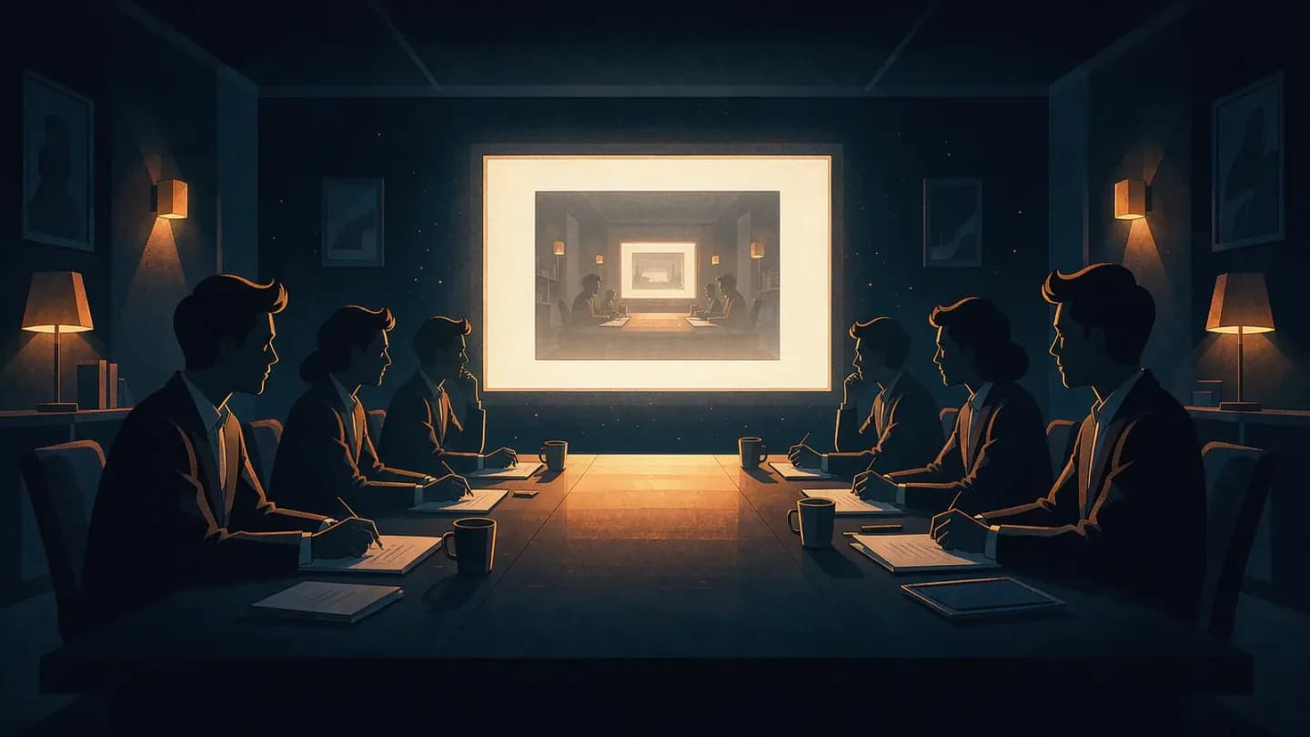 Flat illustration of six silhouetted reviewers at a long dark table watching one large glowing screen showing a single video frame, warm amber accents on deep navy