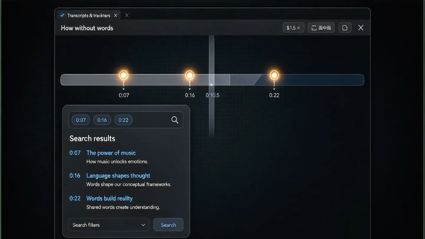 A video timeline with key-moment markers and a search result listing them