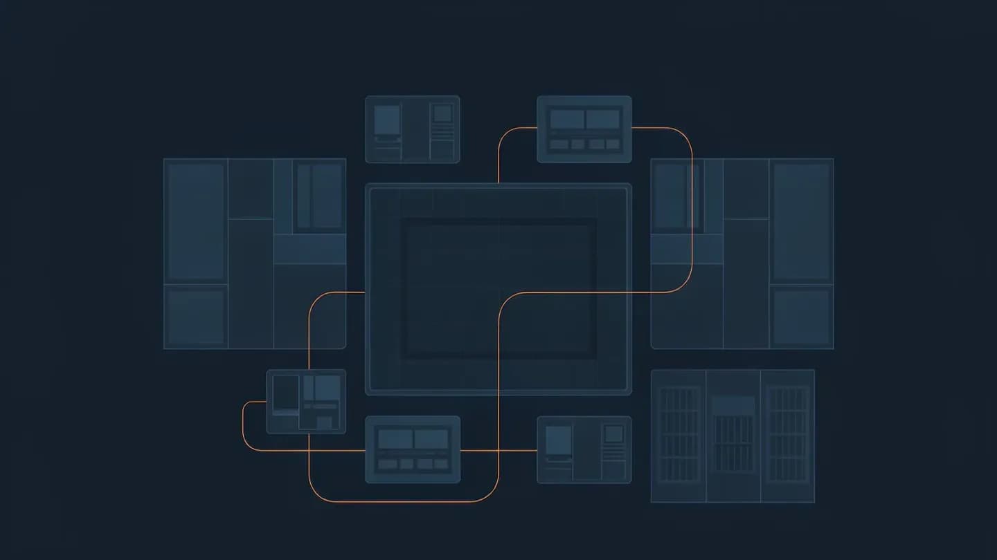 Schematic floor plan of a production hub with a central LED volume stage surrounded by studios and edit suites on dark navy