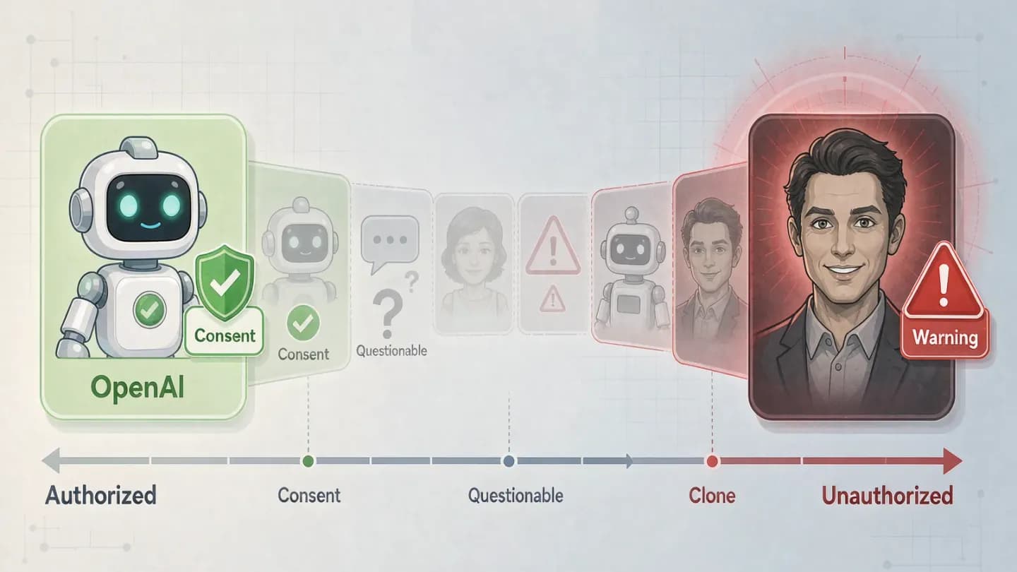 Spectrum from a labeled AI brand avatar to an unlabeled AI clone of a real person showing the consent risk line