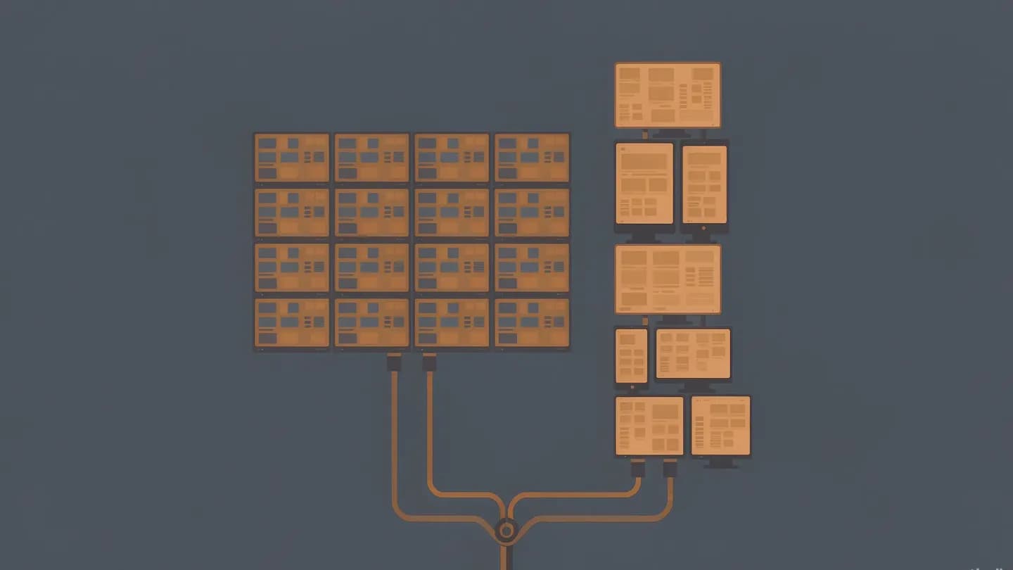 Editorial illustration of broadcast monitors and a column of vertical screens fed from one cable spine