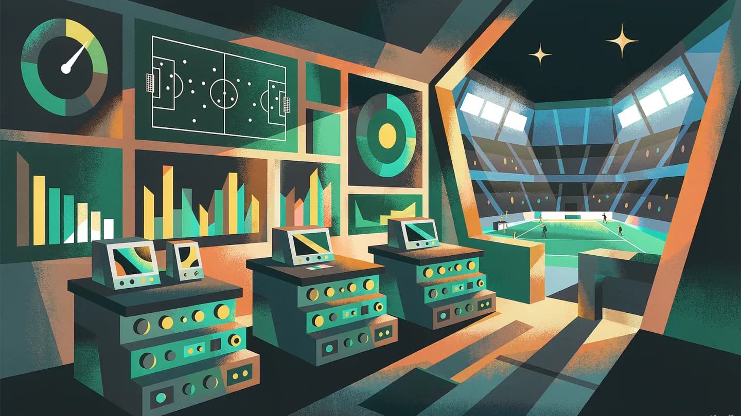 Editorial illustration of a stadium broadcast gallery at night with a wall of screens showing a pitch and a score bar
