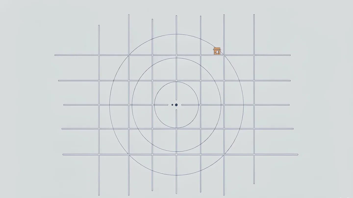 Flat vector street grid seen from above with concentric distance rings around a viewer marker and one storefront on the outer ring