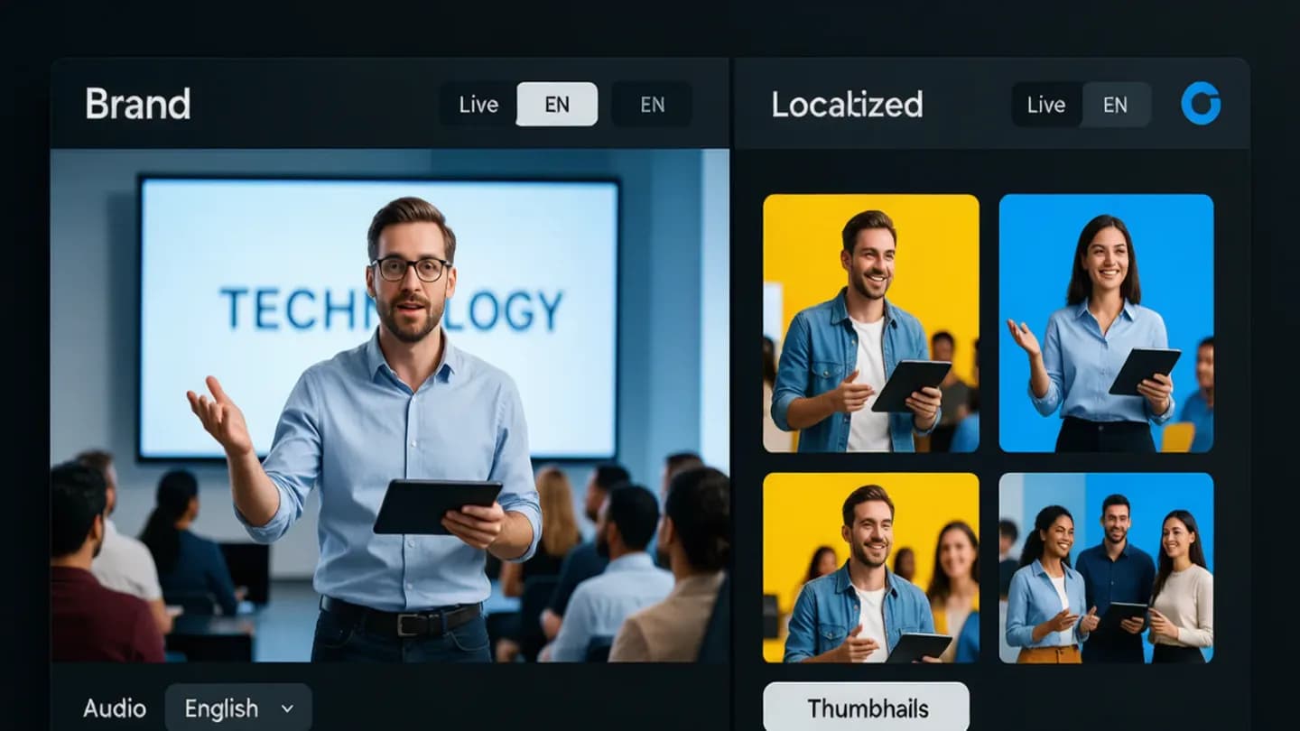 A split-screen view of one brand video localized into multiple languages with separate audio tracks