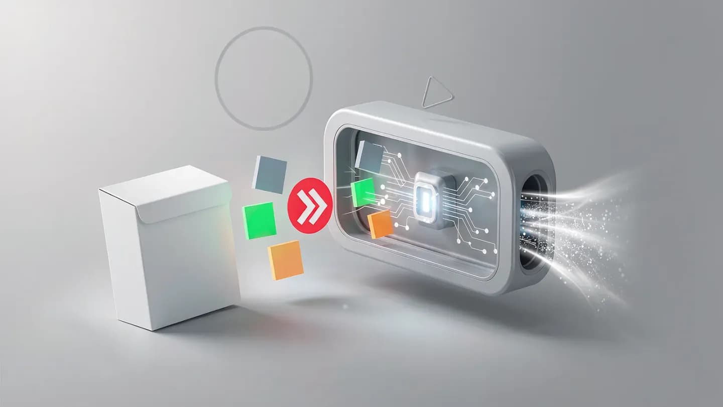 Locked brand asset blocks feeding into a glowing AI generation pipeline in a clean studio render.