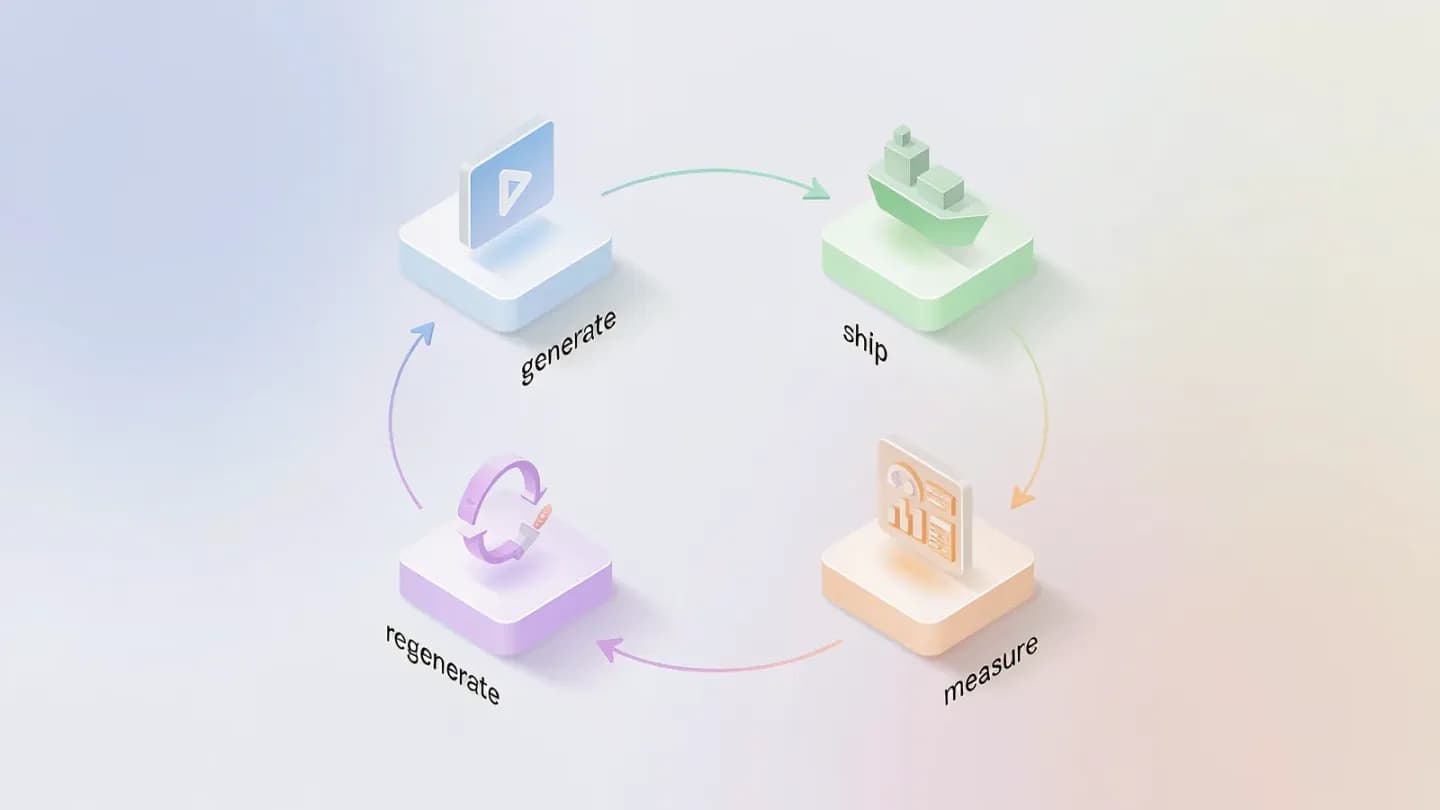 Isometric diagram of the four-stage AI video creative-media loop