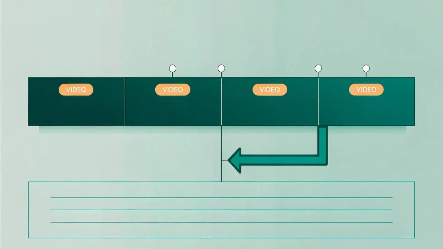 Flat vector timeline split into four clip segments with markers linked to a machine-readable metadata bracket