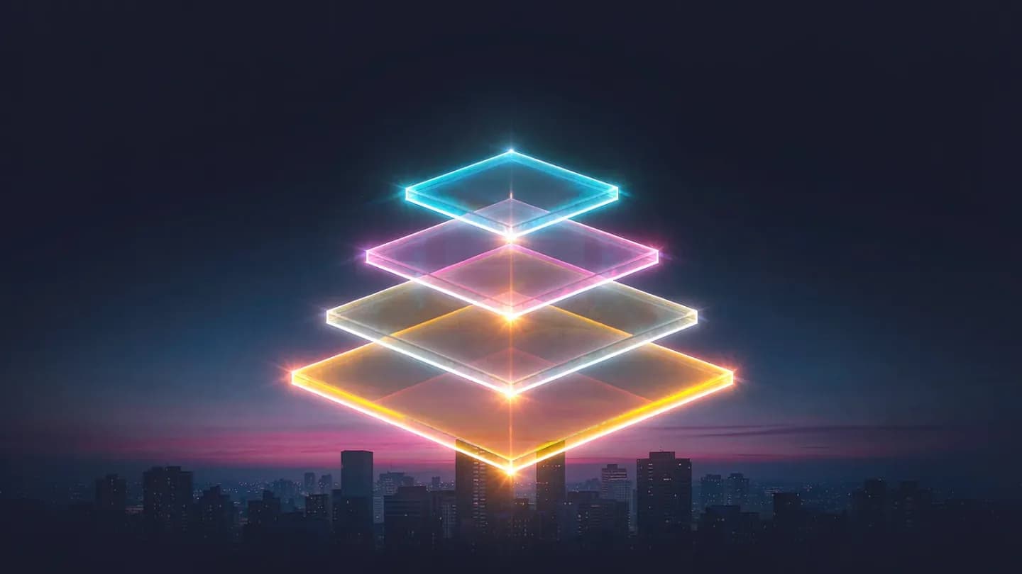 Three glowing glass tiers floating above a dusk city skyline