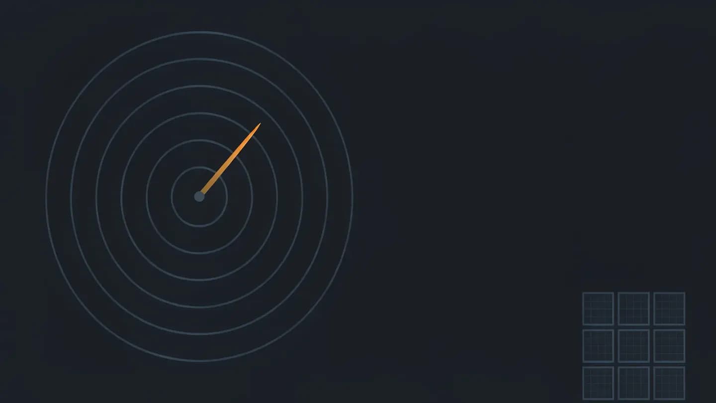 A circular gauge with its needle in the middle zone and a small empty grid on a navy field, representing measured audience comfort tracking