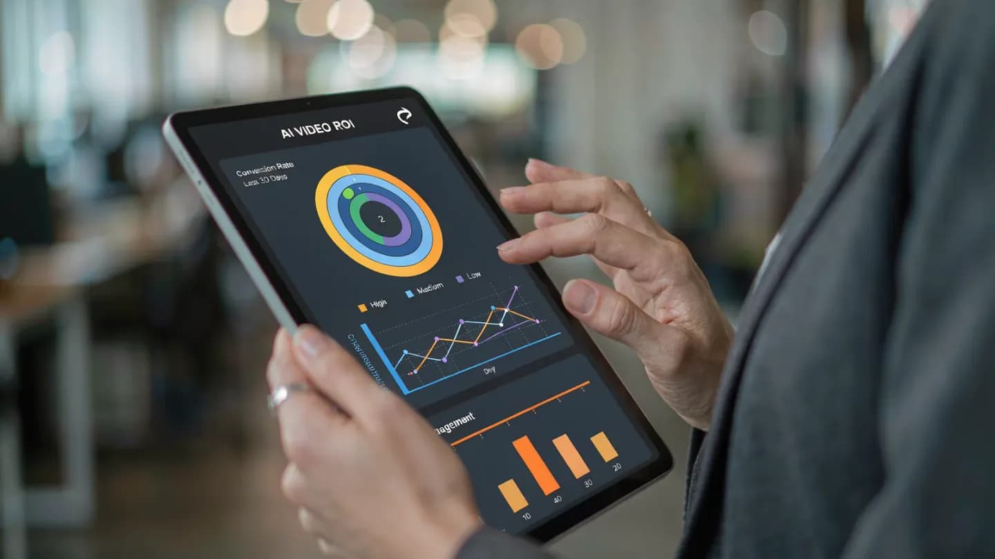 A marketer viewing an analytics dashboard that measures AI video ROI and engagement