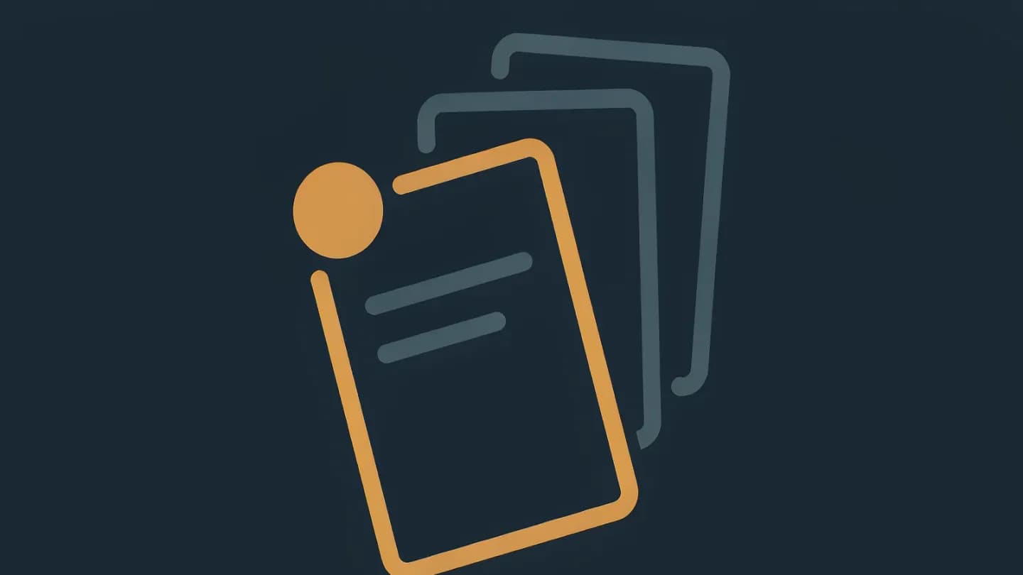 Flat geometric illustration on a dark navy background: an outlined document sheet with abstract placeholder bars in the foreground, two stacked image frames behind it, and a small amber circle at the sheet's corner.