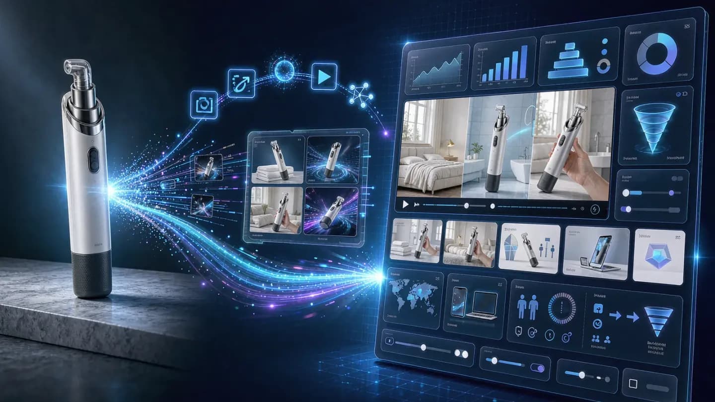 One product photo flowing through a platform into a complete generated ad with video, copy, and targeting.