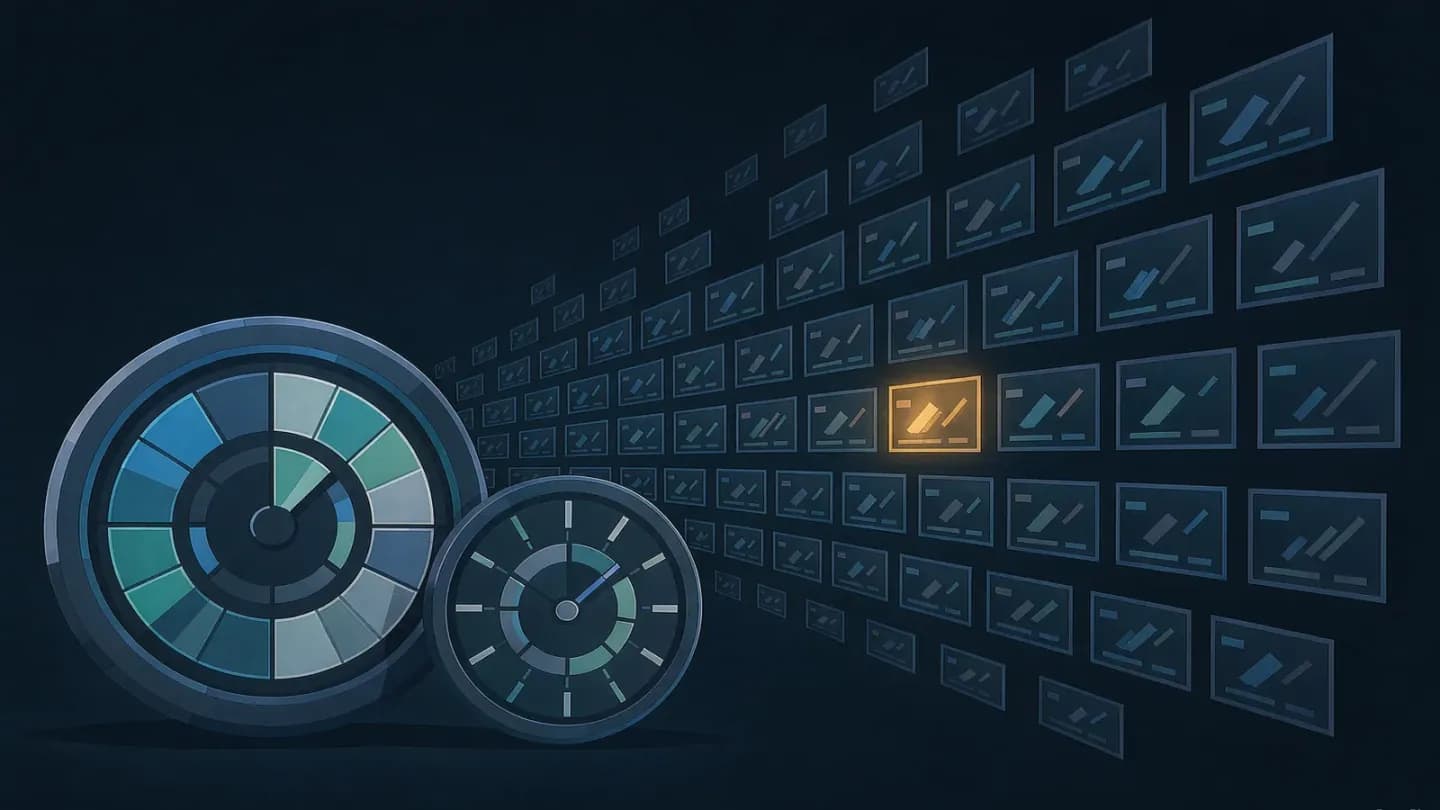 Illustration of a gauge and clock beside a stream of many small video clips with a single amber highlighted winner