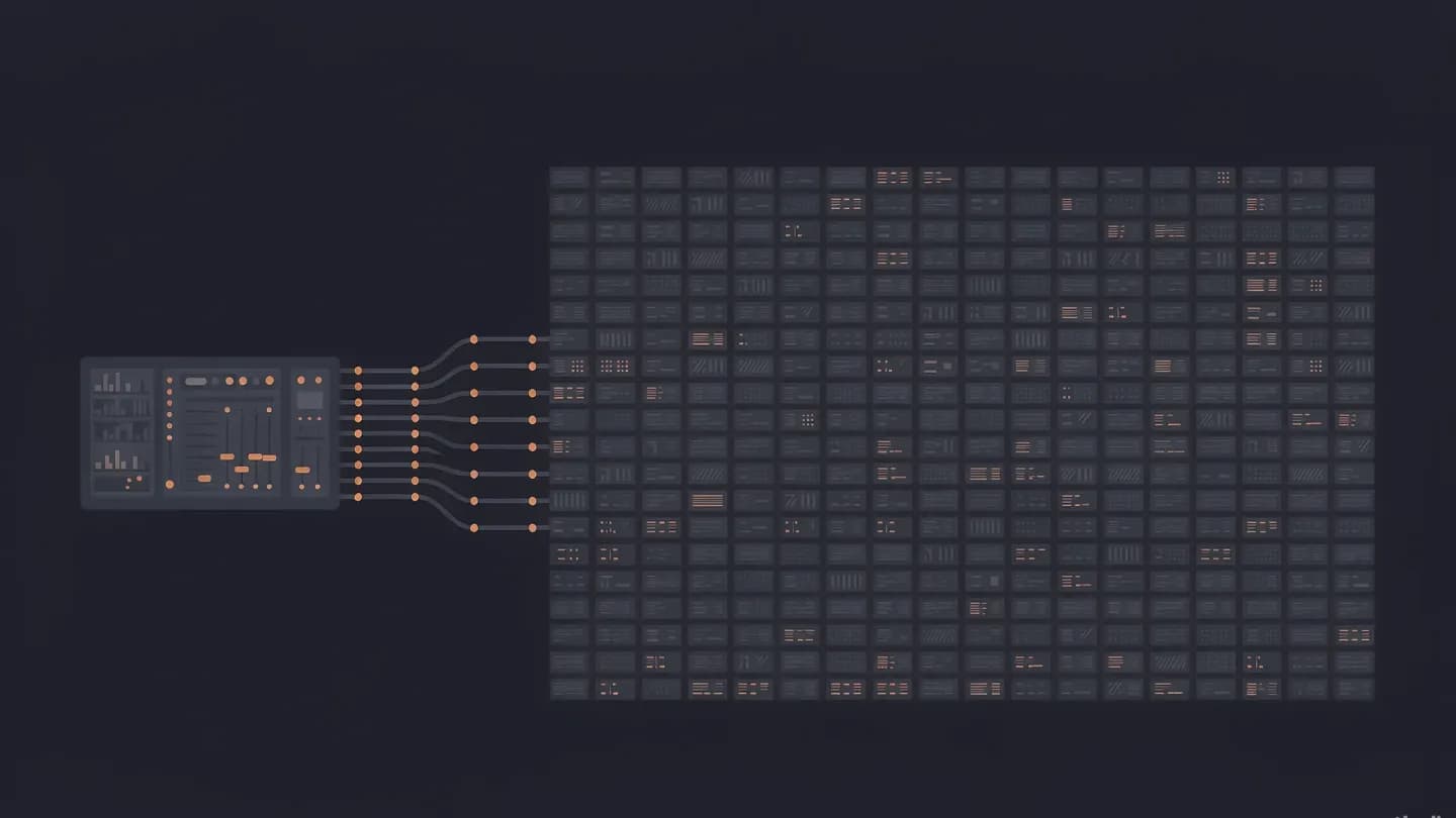 Flat illustration: a small production console on the left feeding a wide field of small variant tiles on the right, in muted navy, slate and warm amber on a flat dark navy field